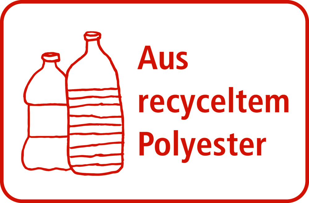 Rote Zeichnung von zwei Flaschen mit dem Text „Aus recyceltem Polyester“.