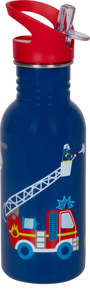 Blaue Wasserflasche mit rotem Deckel, mit der Grafik eines Feuerwehrautos und eines Feuerwehrmanns.