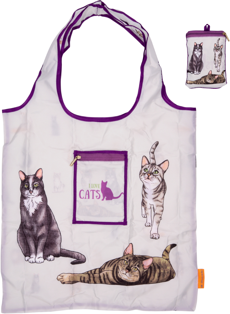 Helle Einkaufstasche mit lila Rand und Katzenmotiven, Fronttasche mit grün-lila Aufdruck „I love cats“, zusammenfaltbar gezeigt.