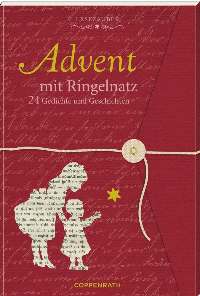 Roter Einband, goldener Text, Schrifthintergrund, zwei Kindersilhouetten; Titel: Advent mit Ringelnatz.