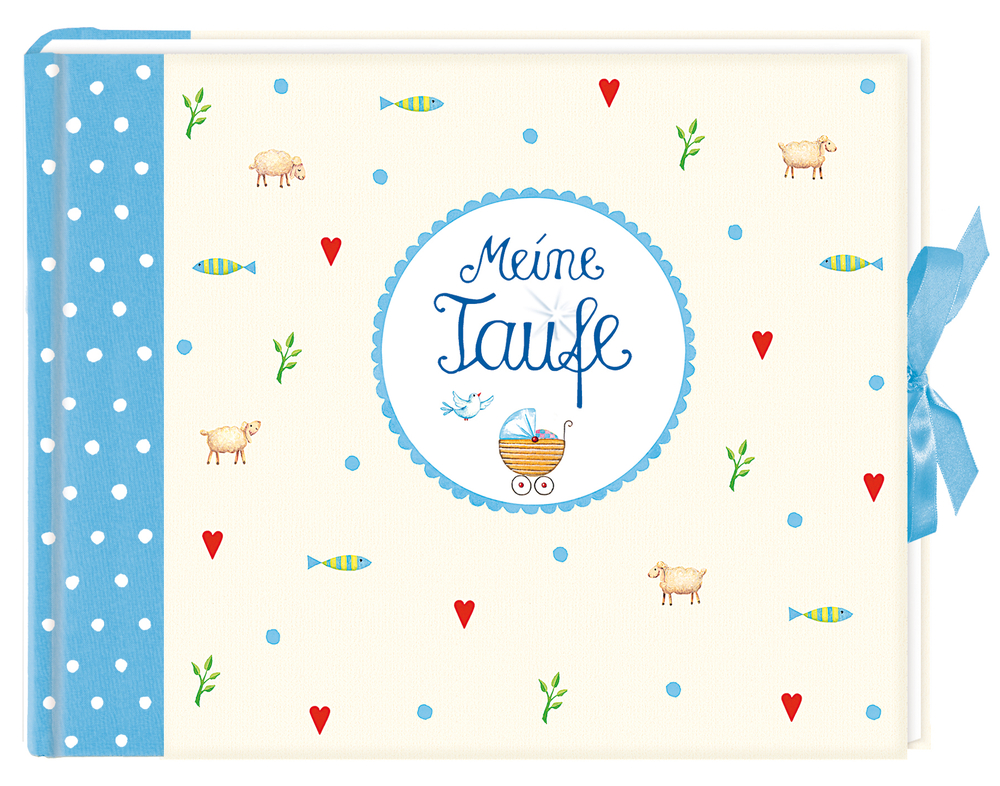 Taufalbum „Meine Taufe“, Baby-Dekorationen, blauem Rücken und blauem Bandverschluss.