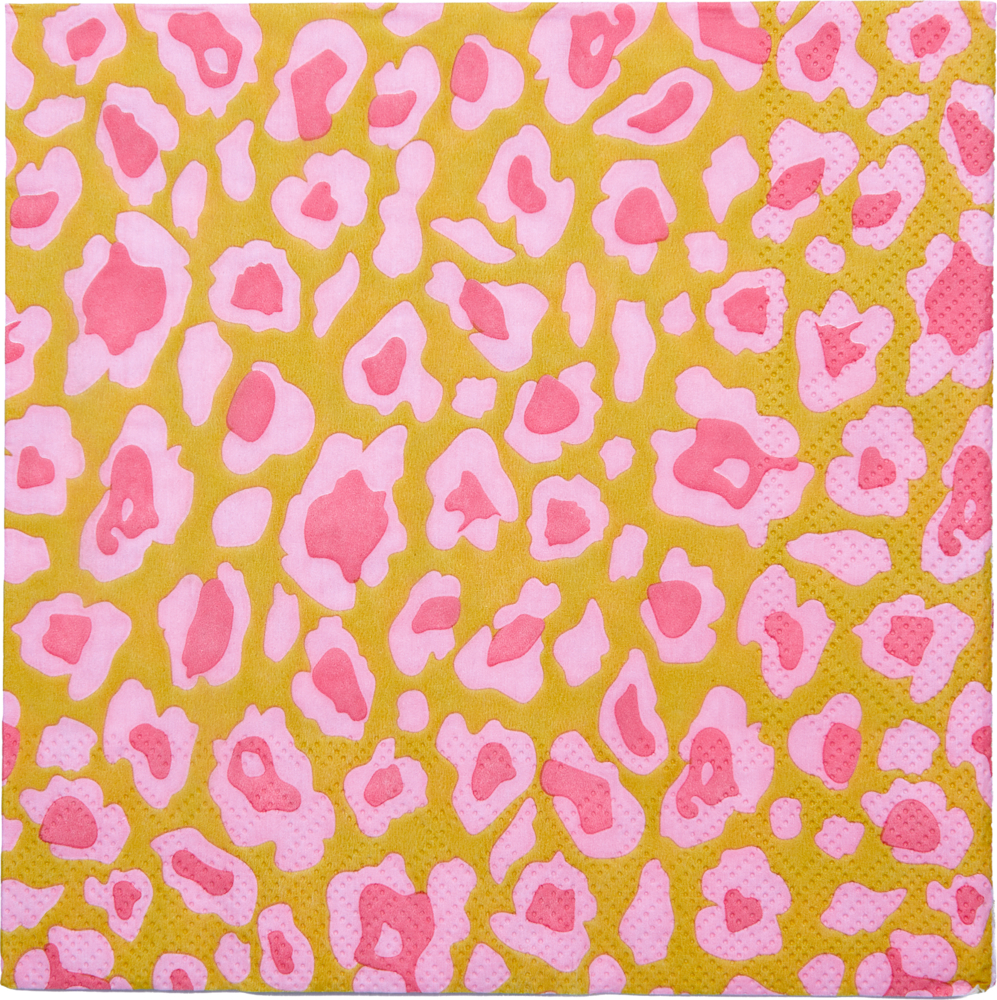 Serviette mit gelb-rosa Leopardenmuster und unregelmäßigen Flecken in unterschiedlichen Größen.