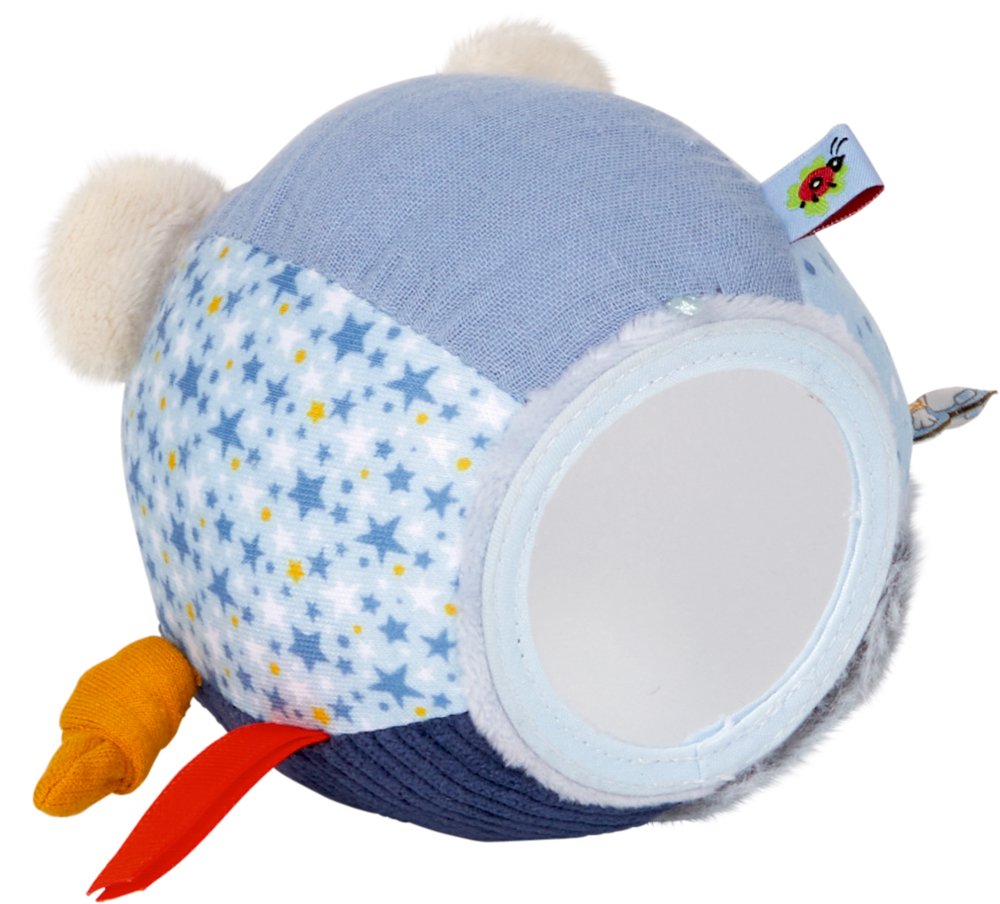 Weicher, runder Baby-Spielball mit Sternenaufdruck, Stoffanhängern und zwei kleinen Flauschohren oben drauf.
