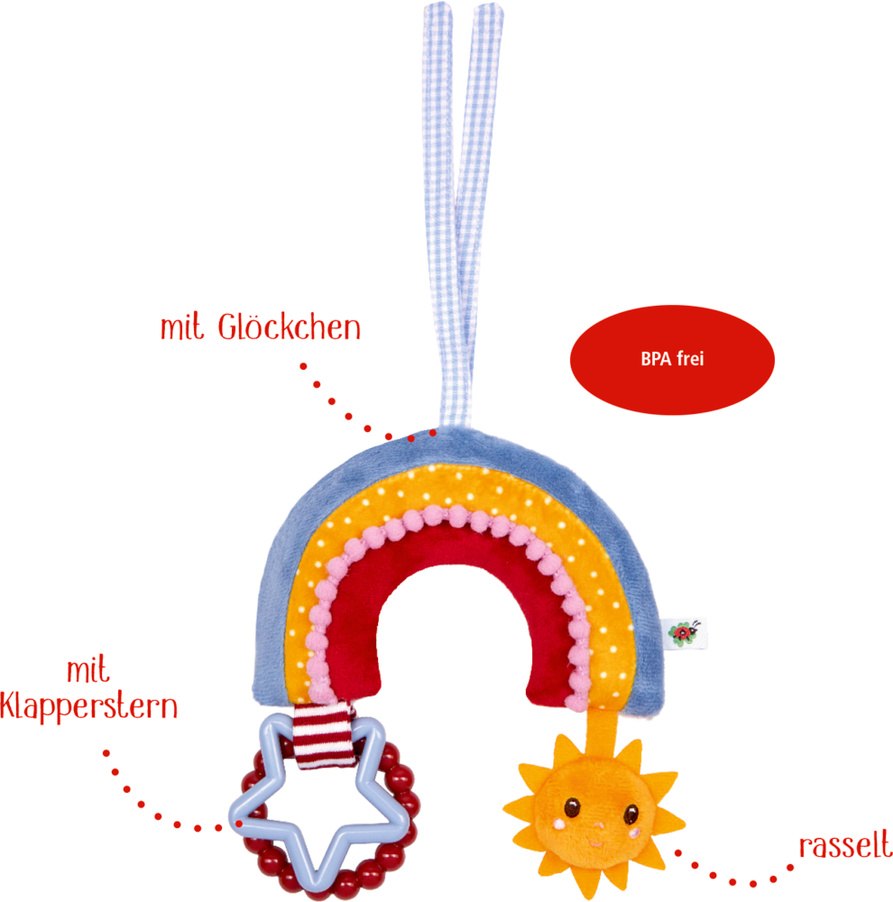 Bunter Stoff-Regenbogen an Aufhängebändern mit dem Text "mit Klapperstern", "rasselt" und "mit Glöckchen".