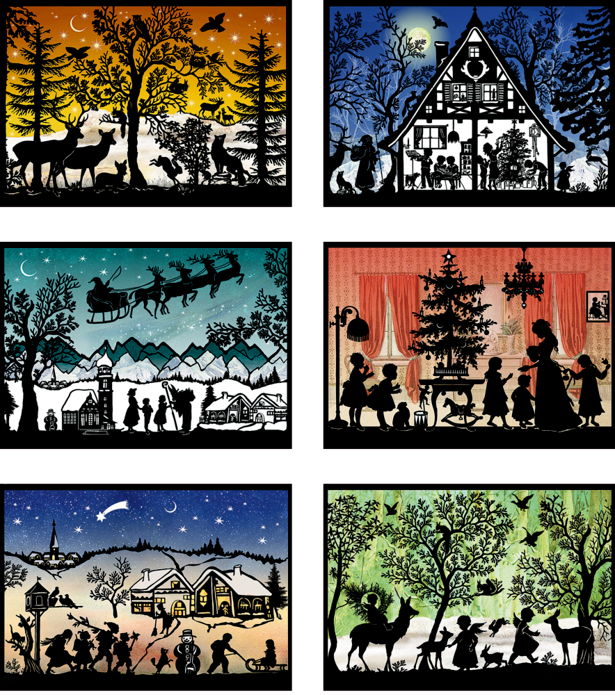 Sechs lebendige Silhouettenszenen zeigen Familien, Tiere und den Weihnachtsmann in festlicher Winterkulisse.