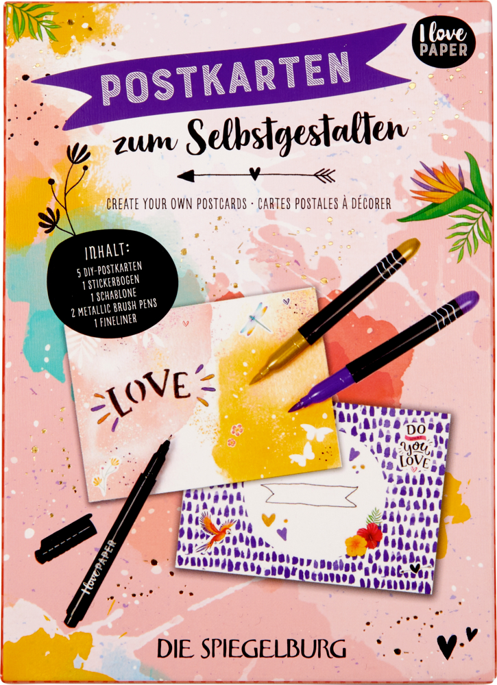 Bastelset für bunte Postkarten mit Stiften, Farben und Musterbeispielen auf pastellfarbenem Hintergrund.