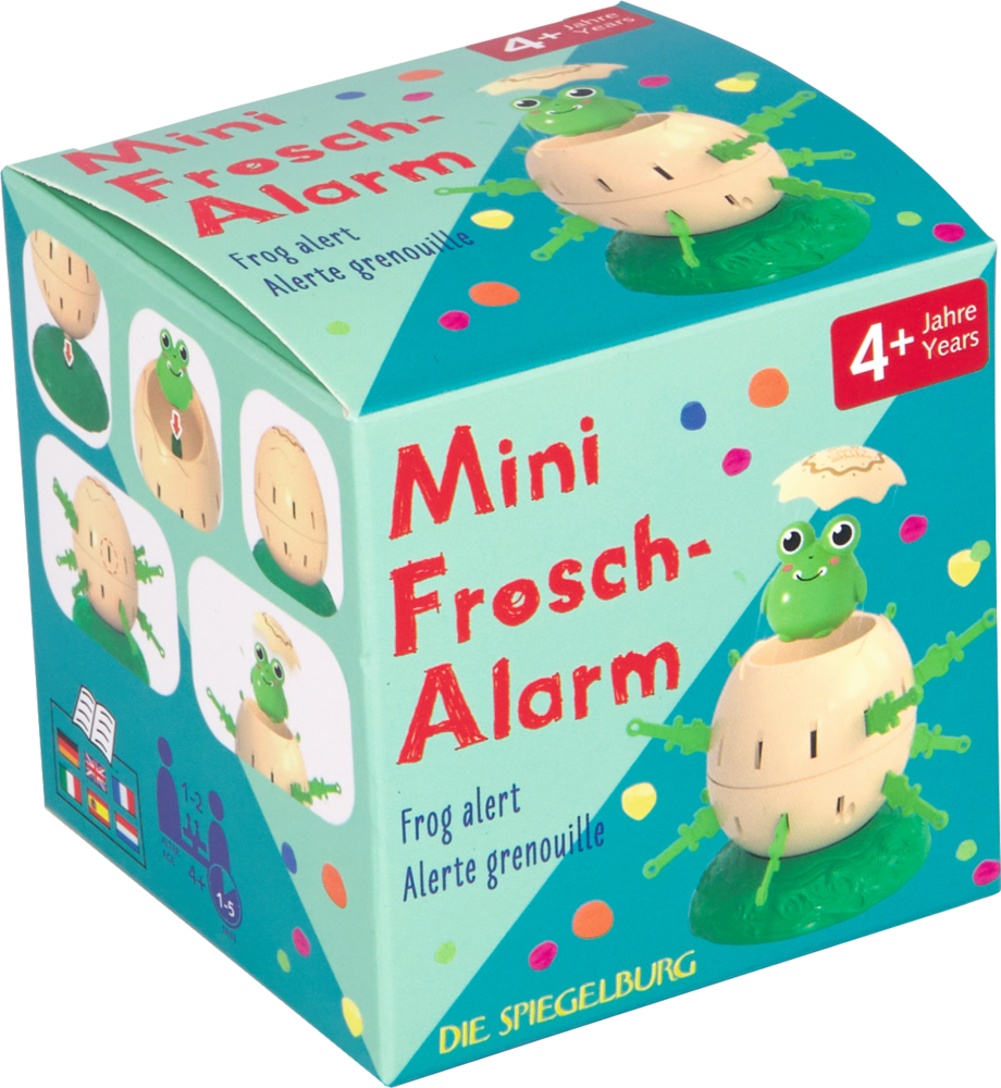 Türkise Verpackung des Spiels „Mini Frosch-Alarm“ mit Abbildung eines grünen Frosches, der aus einem Ei springt.