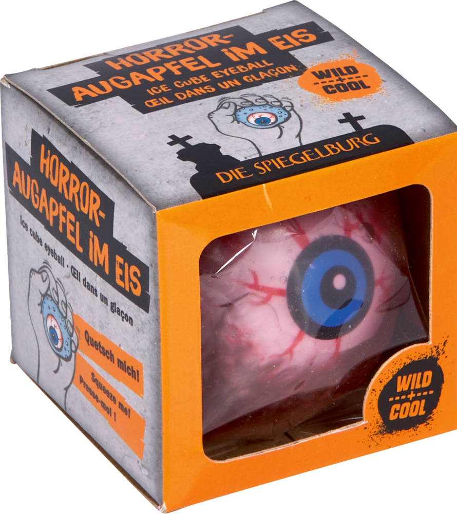 Verpackung mit einem Spielzeug-Auge in Eisoptik, sichtbar durch ein Sichtfenster in einer orange-grauen Schachtel.
