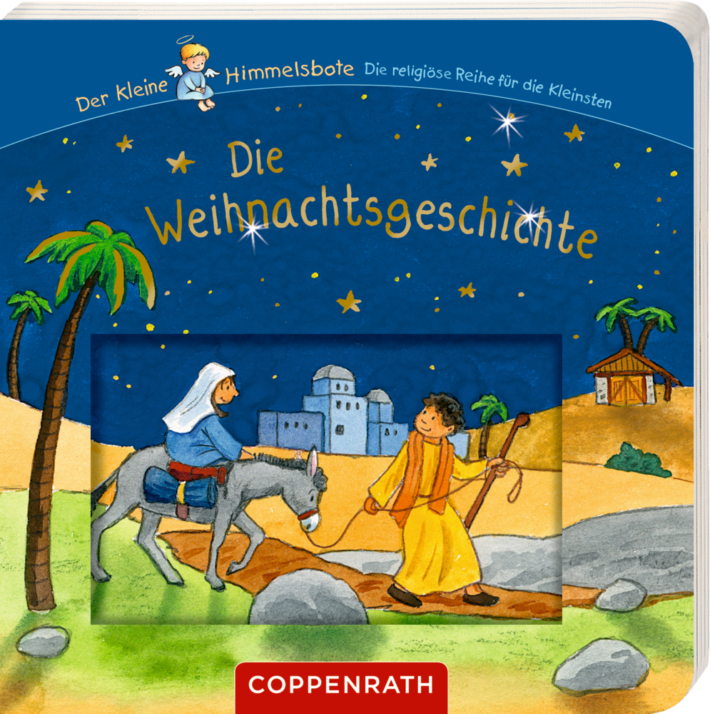 Maria reitet auf einem Esel, Josef läuft daneben – unterwegs nach Bethlehem unter sternklarem Himmel.