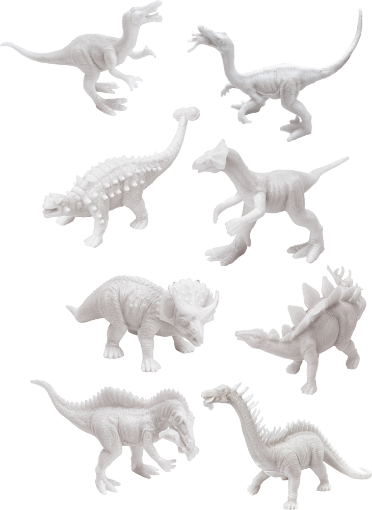 Acht weiße Kunststoff-Dinosaurier stehen auf einfachem, weißem Hintergrund.