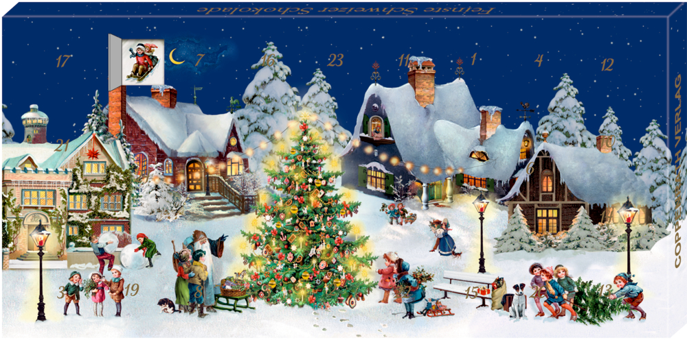 Verschneites Dorf, versammelte Menschen, geschmückter Weihnachtsbaum und der Weihnachtsmann fliegt über den Nachthimmel.