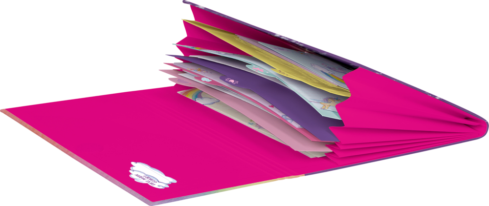 Pinkte Innenansicht einer Mappe mit Fächern und verschiedenen Blättern im Inneren.