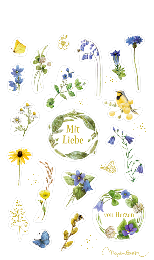 Gelbe Blumen-, Vogel- und Schmetterlingsaufkleber mit Text auf weißem Hintergrund.