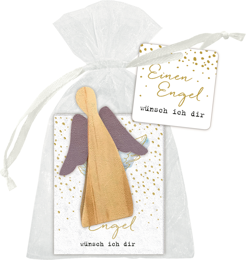Weißer Geschenkbeutel mit Holzengel und Hangtag mit der Aufschrift „Einen Engel wünsch ich dir“ in Gold und Schwarz.