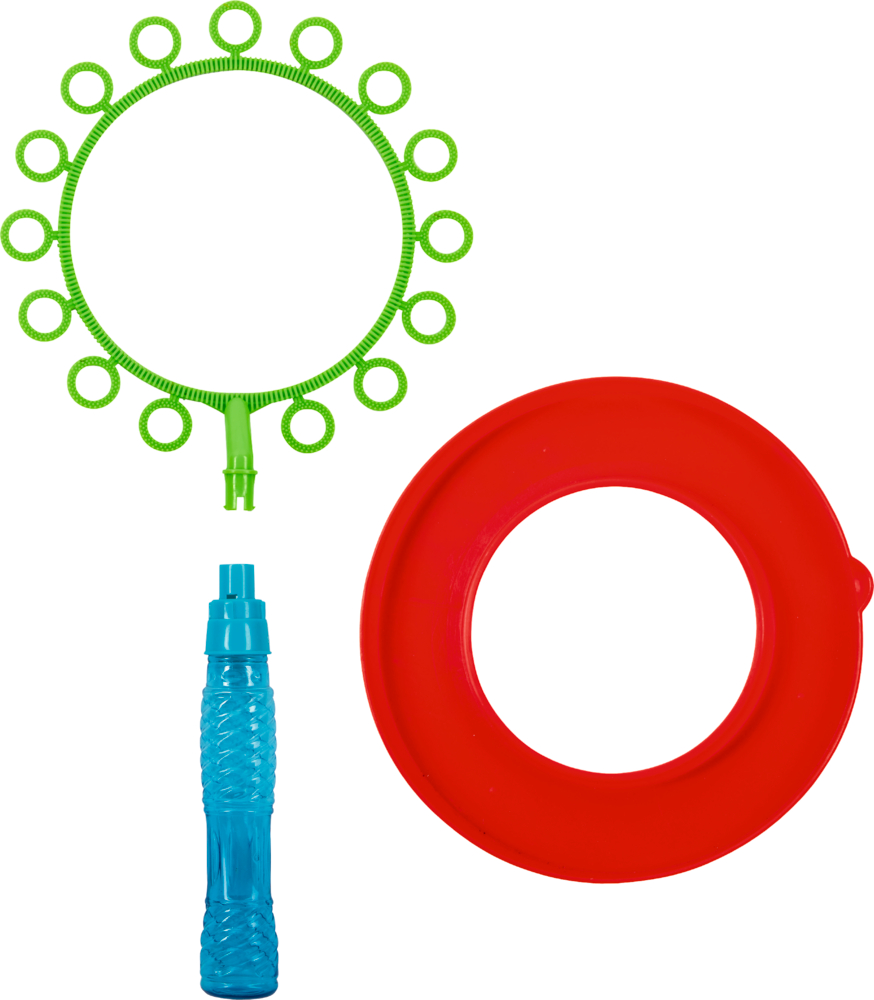 3 Objekete: Grüner Ring mit weiteren kleinen Ringen und Aufsatz, blauer Griff und roter, dickerer Ring