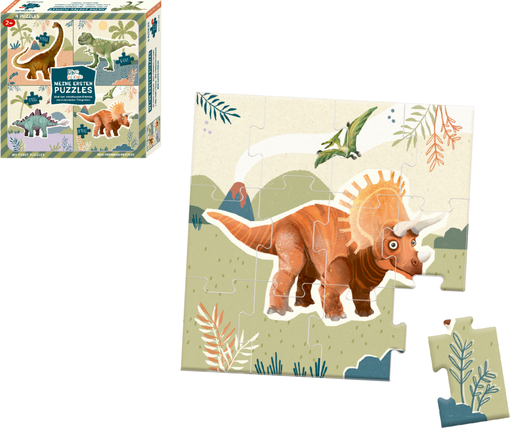 Puzzle mit Illustration eines orange-braunen Dinosauriers mit drei Hörnern und grünem Flugsaurier im Hintergrund. Daneben Verpackung.
