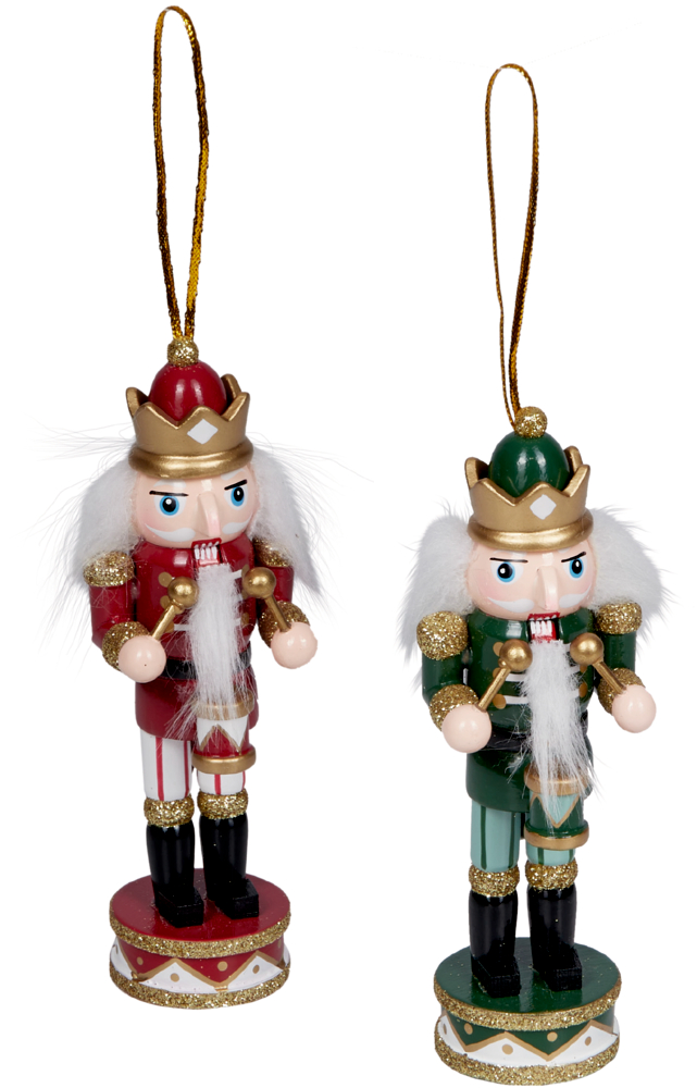Zwei Nussknacker-Figuren aus Holz in Rot und Grün mit goldenen Kronen und weißen Bärten, jeweils mit Aufhängeband.