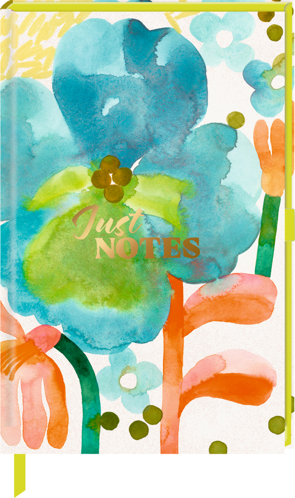 Ein Notizbuch mit buntem Blumendesign. In der Mitte steht Just NOTES in goldenen Buchstaben.