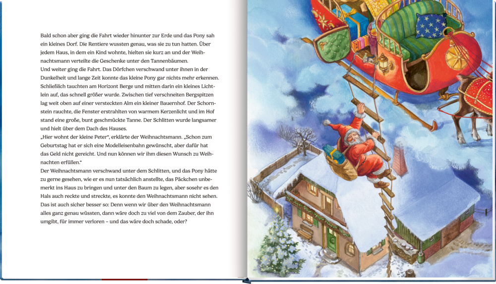 Weihnachtsmann fliegt im Schlitten über schneebedeckte Dächer und winkt einem Kind und Pony, die hinaufschauen, auf einer Doppelseite mit Text links.