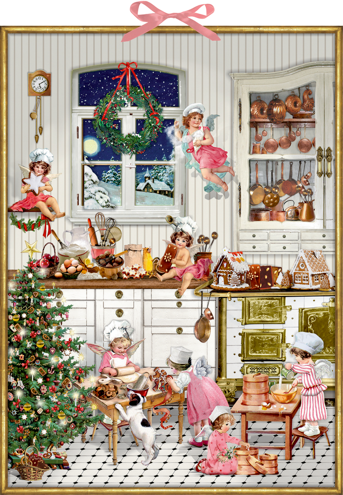 Kinder und Engel backen in einer festlichen Küche mit Weihnachtsbaum und Blick auf das verschneite Fenster.