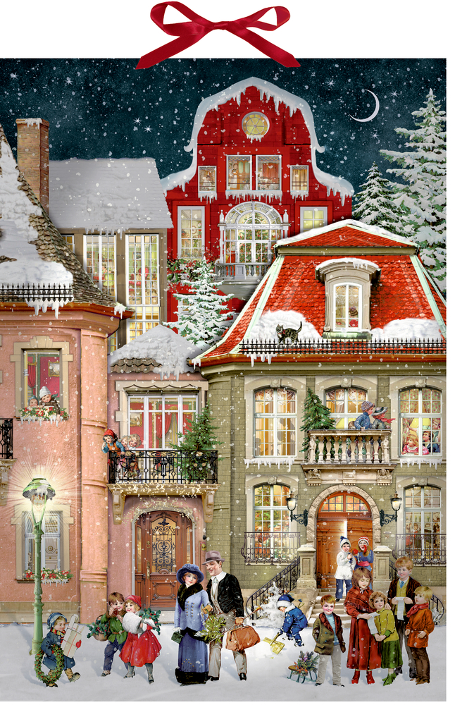 Viktorianische Häuser im Winter, Menschen und Kinder in Festtagskleidung spielen fröhlich im Schnee.