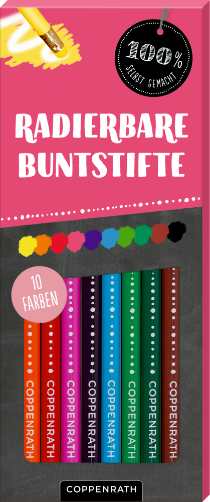 Sechs radierbare Buntstifte in einer Schachtel mit der Aufschrift „Radierbare Buntstifte“ und 10 abgebildeten Farbpunkten.