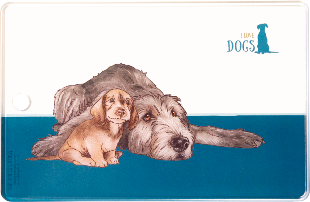 Schneidebrett mit Illustration eines liegenden großen grauen Hundes und eines sitzenden braunen Welpen auf weiß-blauem Hintergrund sowie Aufschrift "I love dogs".