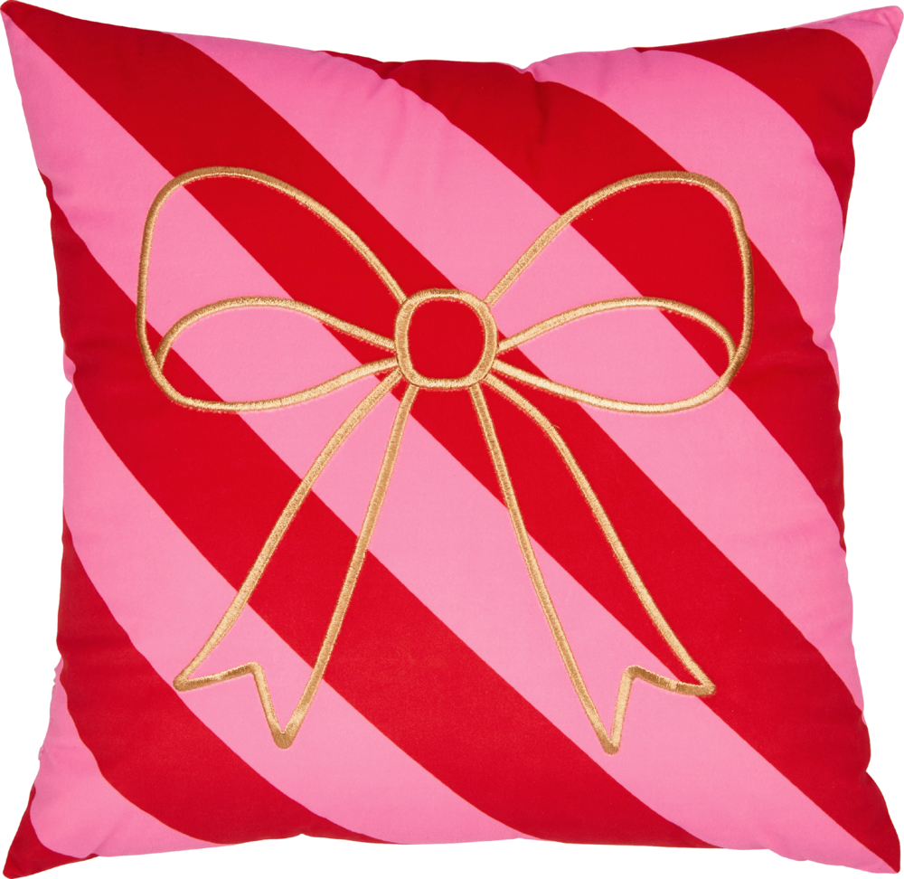 Quadratisches Kissen mit diagonalen roten und pinken Streifen und aufgestickter goldener Schleife in der Mitte.