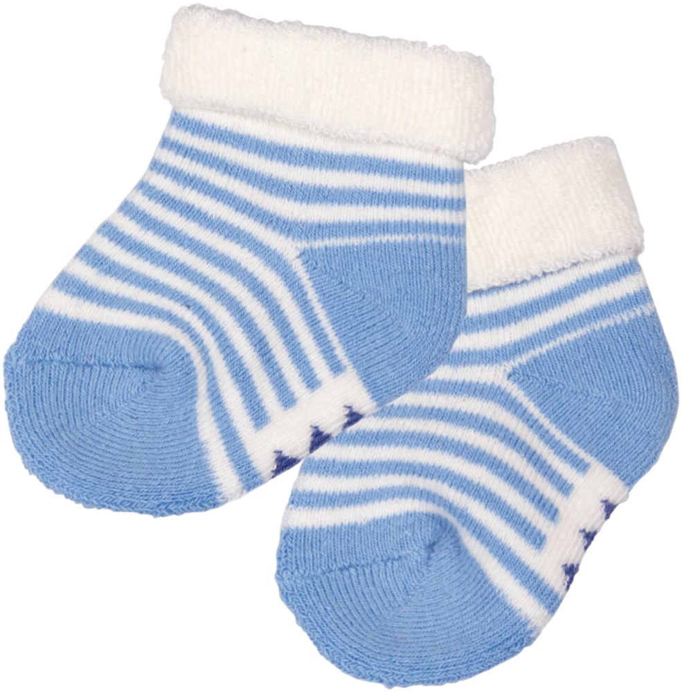 Blau-weiß gestreifte Babysöckchen mit weichen weißen Bündchen, nebeneinander angeordnet.