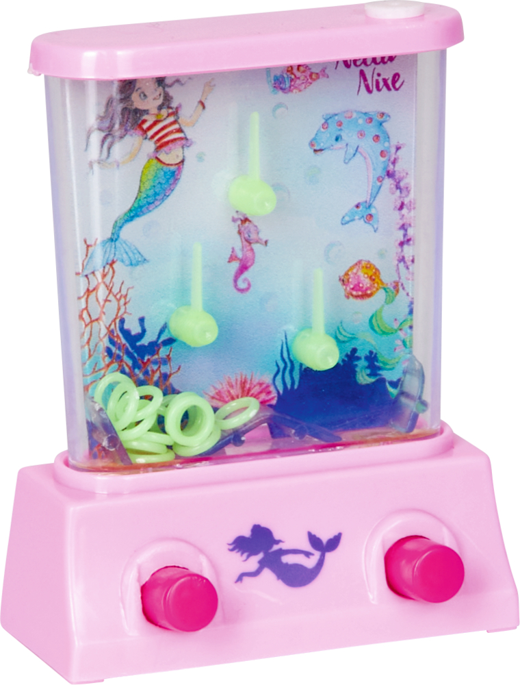 Rosafarbenes tragbares Wasserringwurfspiel mit einem Hintergrunddesign mit Meerjungfrauen und Meeresbewohnern.