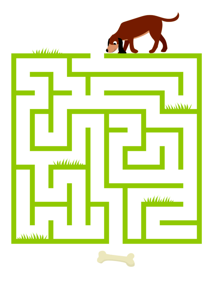 Brauner Hund auf grünem Labyrinth, sucht den Knochen.