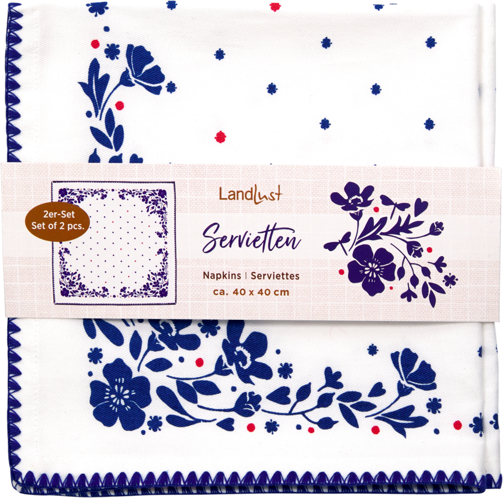Zwei weiße Servietten mit blauem Blumendesign intereinander, verpackt mit Landlust Etikett.