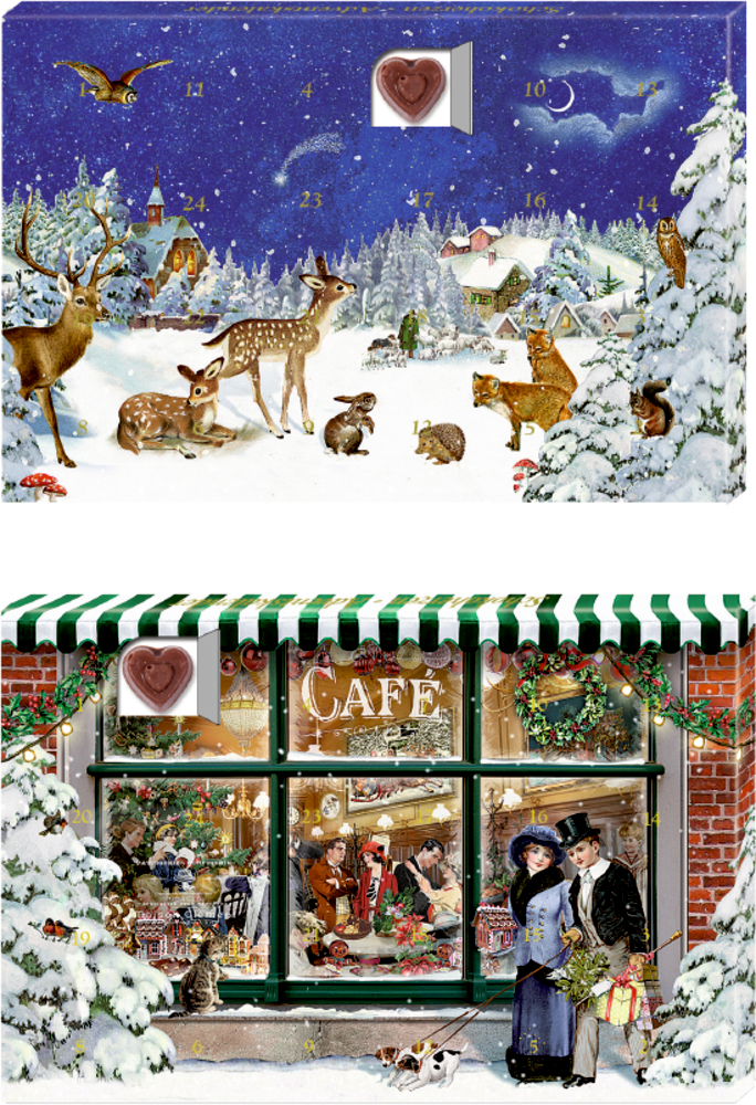 Adventskalender: Einer mit Waldtieren im Schnee, einer mit Menschen vor einem festlich dekorierten Café.