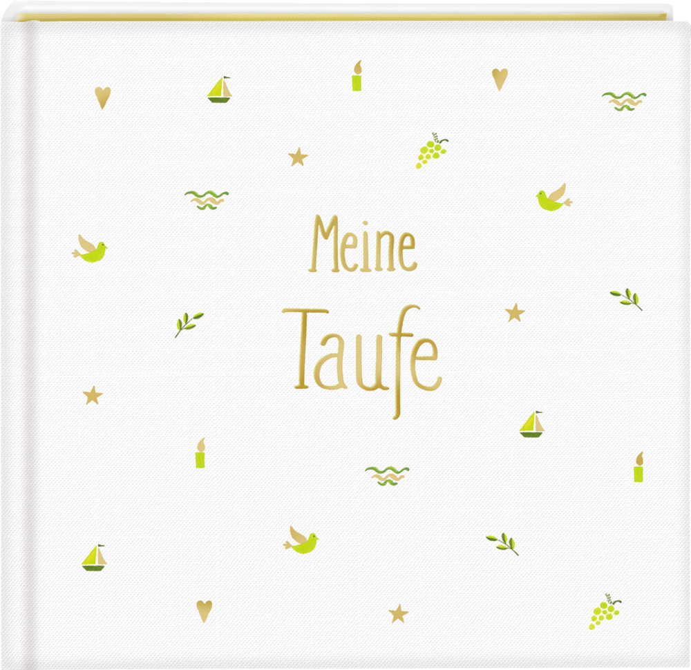 Weißer Einband mit „Meine Taufe“ und kleinen grün-goldenen Symbolen von Kerzen, Booten, Herzen und Tauben.