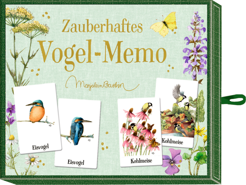 Schachtelumschlag von Zauberhaftes Vogel-Memo mit Vogelillustrationen, Blumen und Schmetterlingsakzenten.