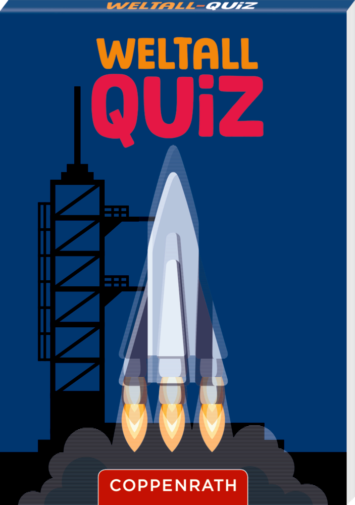 Blaues Quizbüchlein mit Titel „Weltall-Quiz“, Illustration einer startenden Rakete vor Startturm.