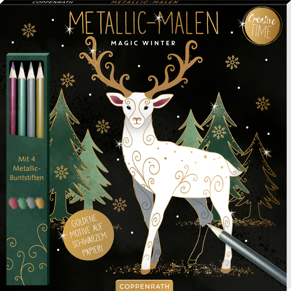 Metallic-Kunstset: weiße Rentiere, Bäume und 4 Buntstifte auf schwarzem Hintergrund.