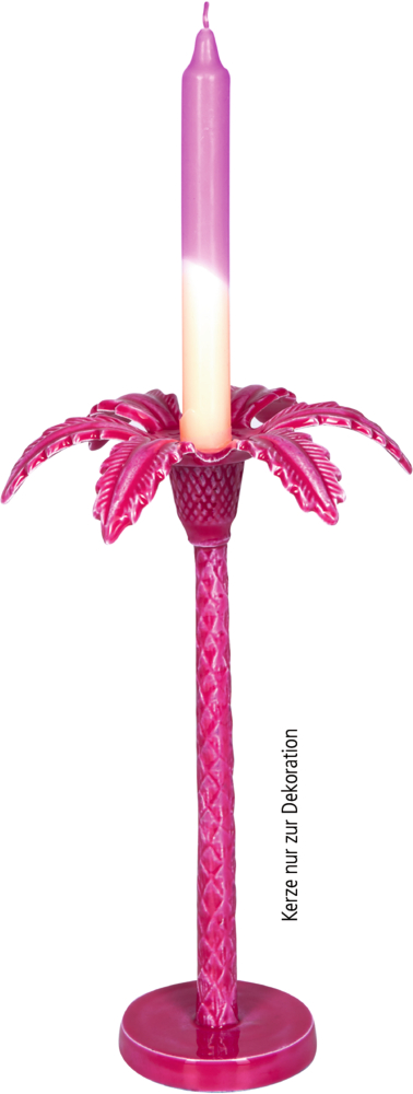 Pinker Kerzenhalter in Form einer Palmenstruktur mit runder Basis und eingesetzter weiß-rosa Stabkerze.