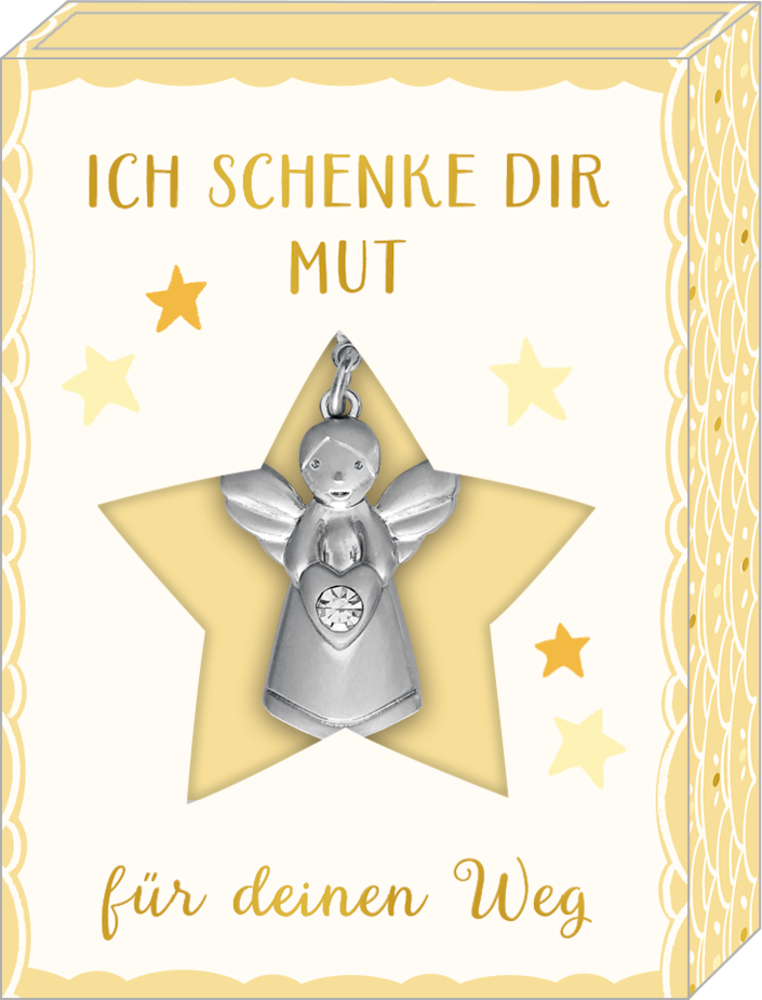 Silberner Engelanhänger mit eingearbeitetem Stein, vor gelbem Sternmotiv mit Text „Ich schenke dir Mut für deinen Weg“.