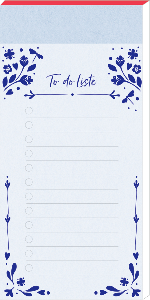 Blocknotiz mit der Überschrift „To do Liste“, blauer Blumen- und Libellendekor, Linien für Einträge.