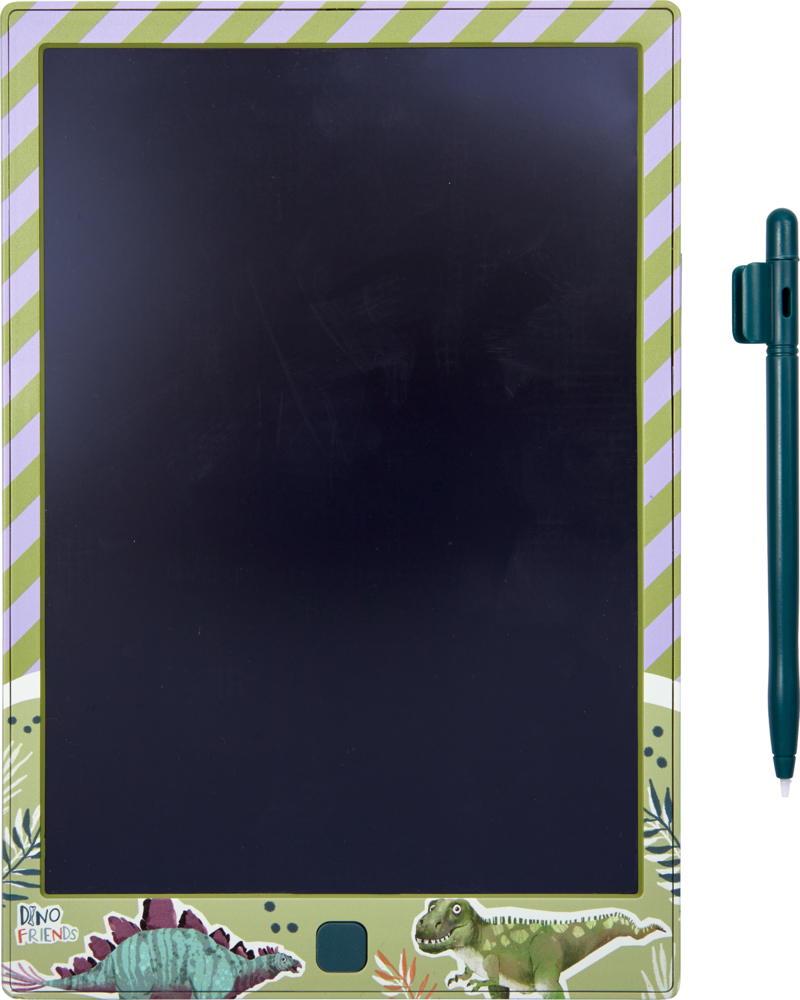Digitale Schreibtafel mit grün-lila Rand und Dino-Motiven, daneben ein dunkelgrüner Stift.