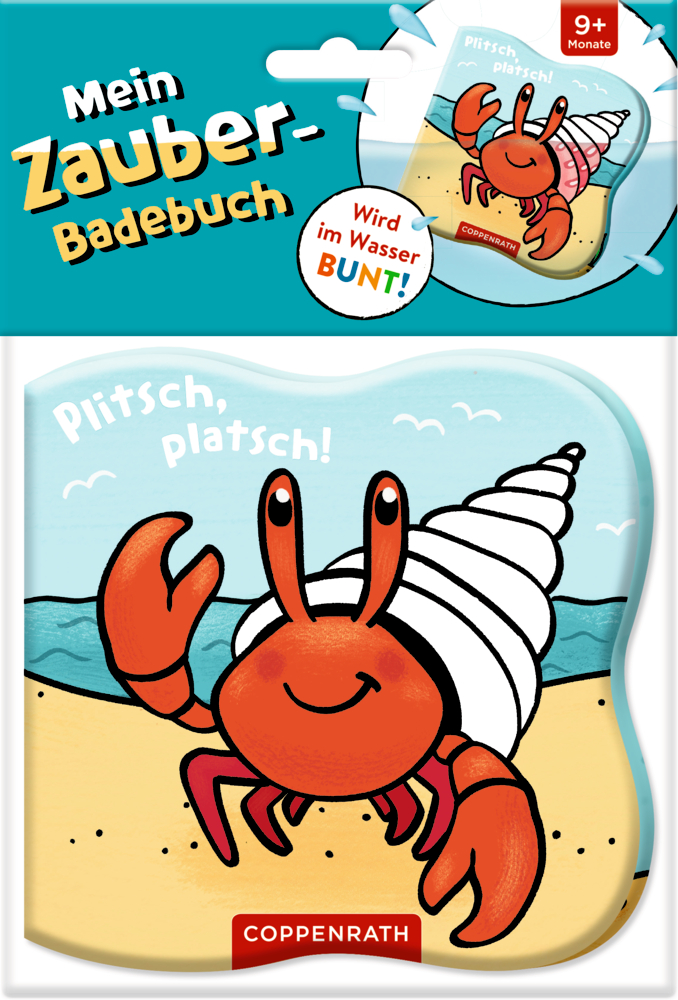 Cartoon-Krabbe mit Muschel auf dem Rücken auf dem Cover von "Plitsch, Platsch!" in einer Verpackung mit der Auschrift "Mein Zauber-Badebuch".