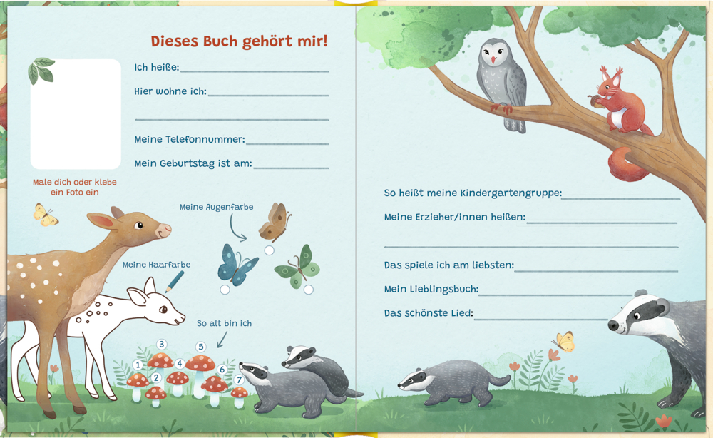 Offene Freundebuchseite mit Tieren, Bäumen und Lücken, in die Kinder ihre eigenen Details eintragen können.
