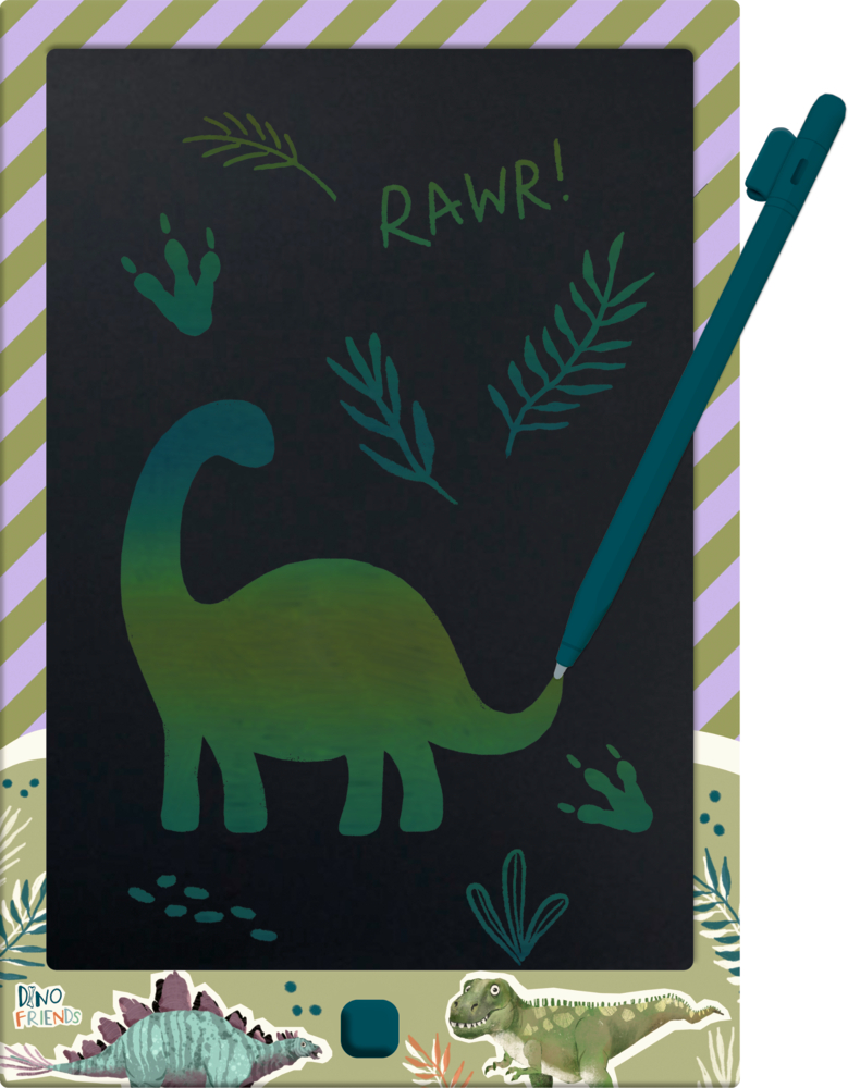 Schreibtafel mit DinosuarierIllustrationen am Rand und lila-grün gestreiftes Design, darauf gezeichnet ein grüner Dinosaurier, Pflanzenzeichnungen, Schriftzug „RAWR!“ und befestigtem Stift.