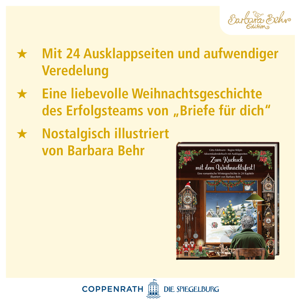 Quadratisches Werbebild mit Buchcover „Zum Rückuck mit dem Weihnachtsfest!“ und aufgelisteten Produkteigenschaften in gelber Schrift.