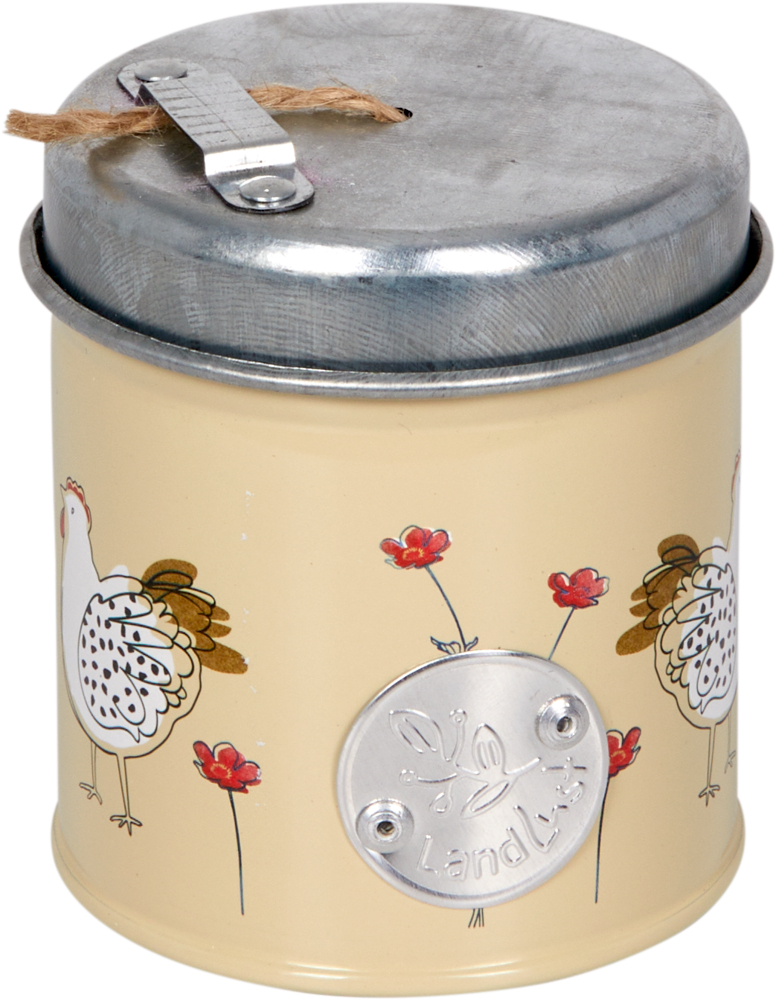 Cremefarbene Dose mit Metalldeckel, Hühner- und Blumenmotiven und einem „LandLust“-Etikett aus Metall.