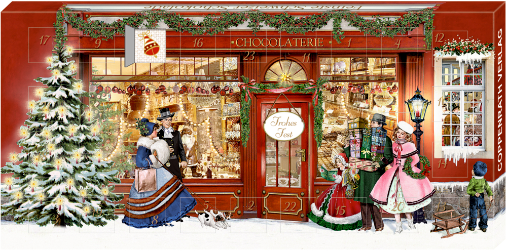 Männer und Frauen in Winterkleidern stehen vor einer festlichen Chocolaterie mit einem Weihnachtsbaum und schneebedeckten Dekorationen.