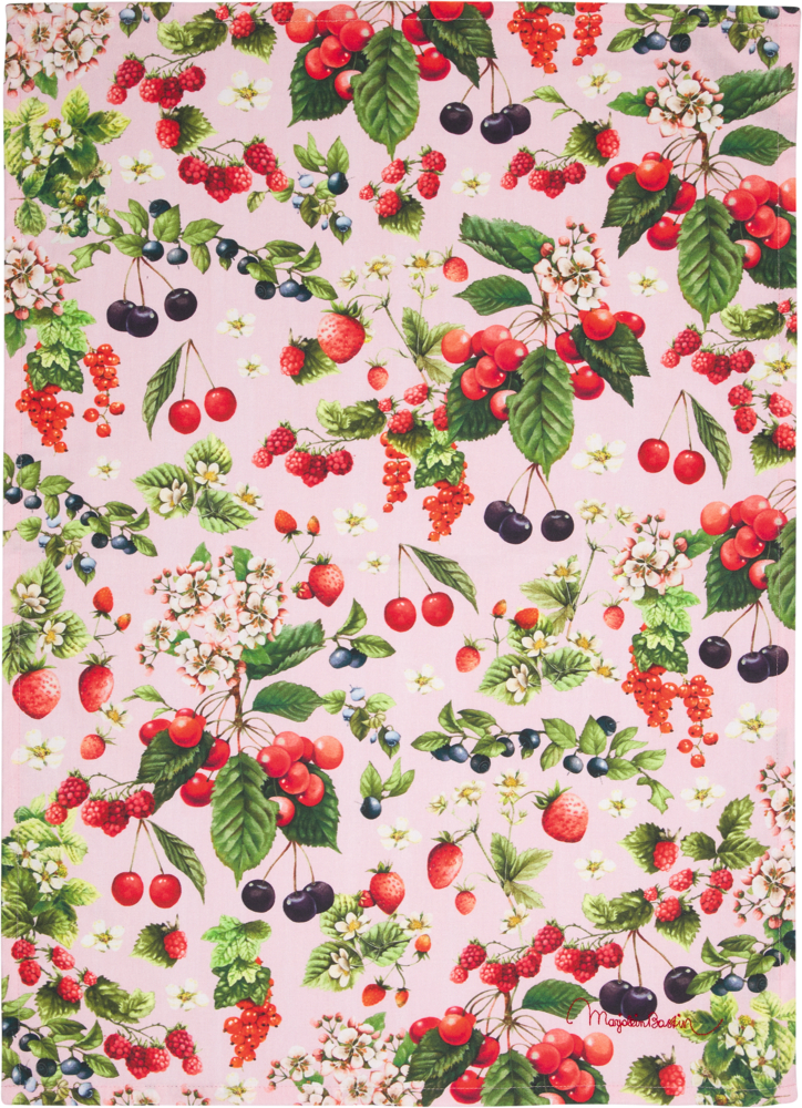 Rosa Hintergrund. Kirschen, Erdbeeren, rote Johannisbeeren, grüne Blätter und weiße Blumen sind verstreut.