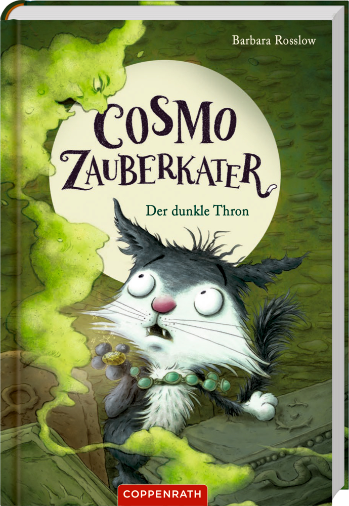 Illustration eines Katers mit großen Augen und magischer Halskette, wirbelnder grüner Nebel, auf dem Cover von "Cosmo Zauberkarter - Der Dunkle Thron".