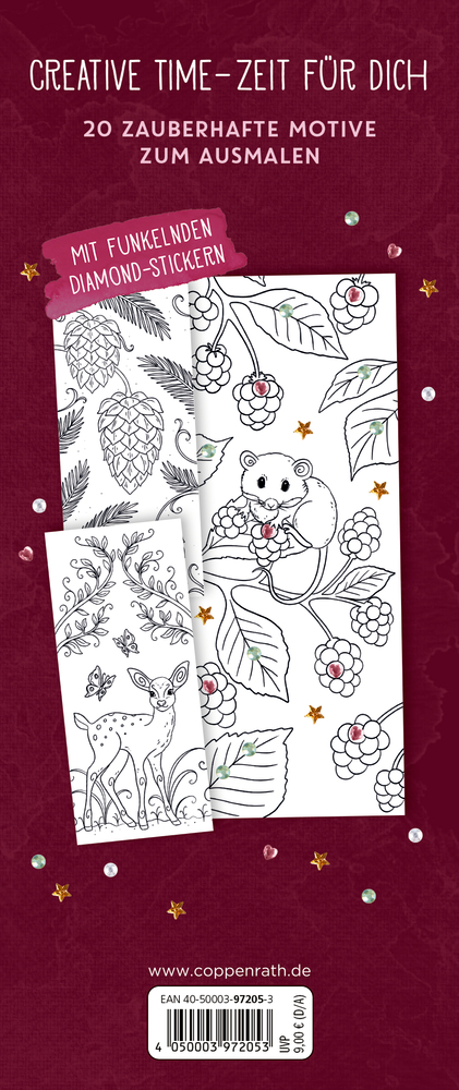 Rückseite des Malbuchs mit Tier- und Pflanzenmotiven zum Ausmalen, verziert mit bunten Glitzersteinen auf bordeauxrotem Hintergrund.